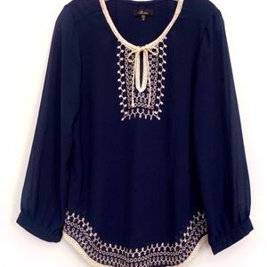 MONTEAU M boho top blouse Navy Blue Cream embroidery 3/4 sleeves Excellent